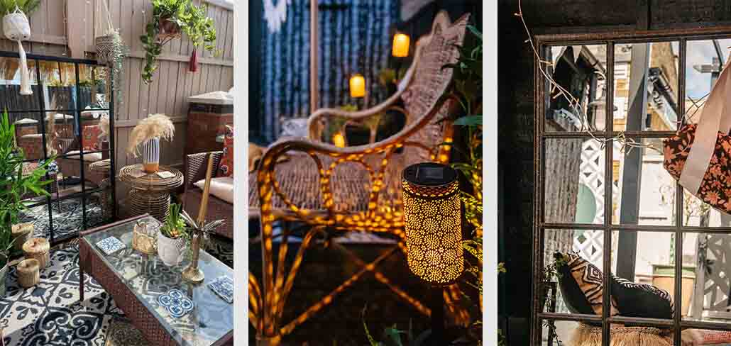 images of mirrors and outdoor seating areas in influencer's gardens