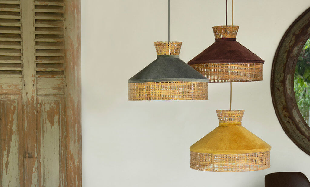 image of the three velvet & rattan ceiling lights in mustard yellow, burgundy and grey