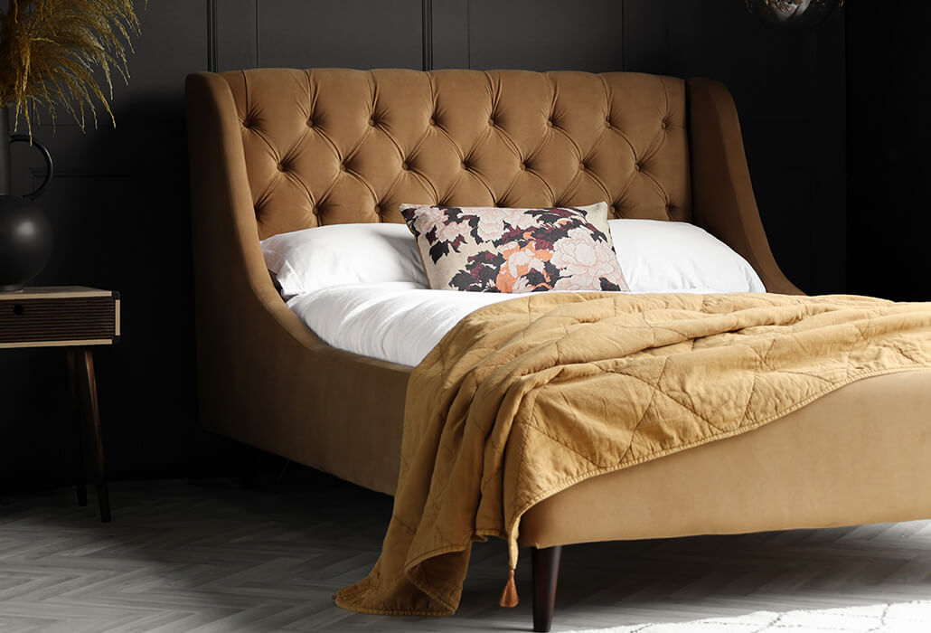 rockett st george glamorous bed in caramel gold velvet