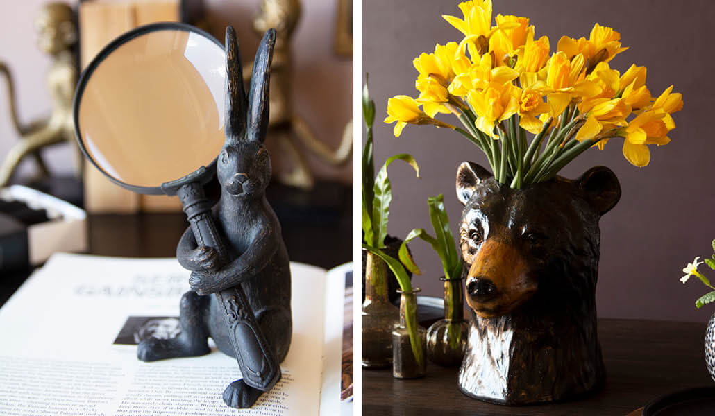 rabbit magnifying glass and bear vase