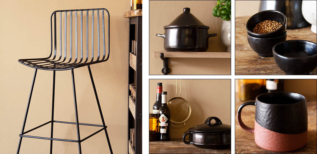 black nero bar stool and black kitchen accessories