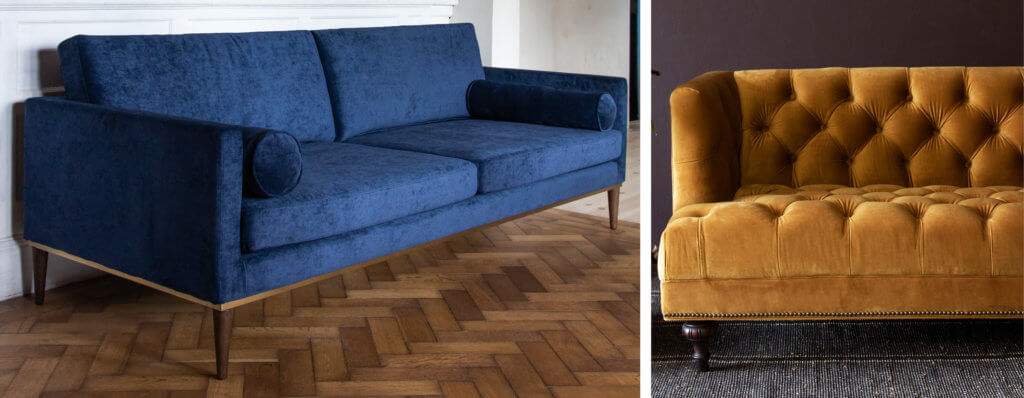 close-up image of a blue sofa and a mustard yellow sofa