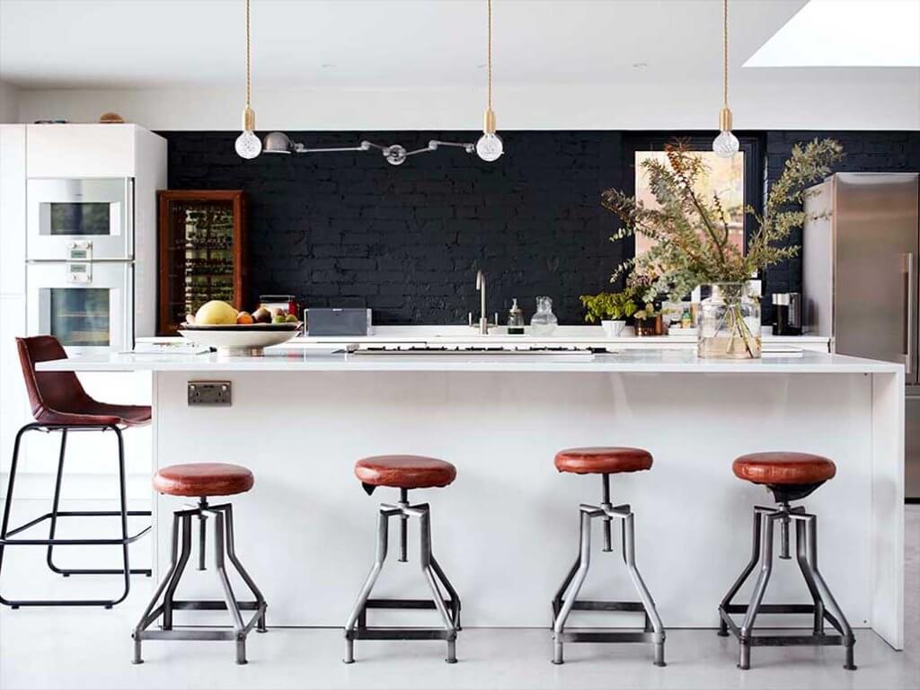 industrial kitchen with black brick wallpaper