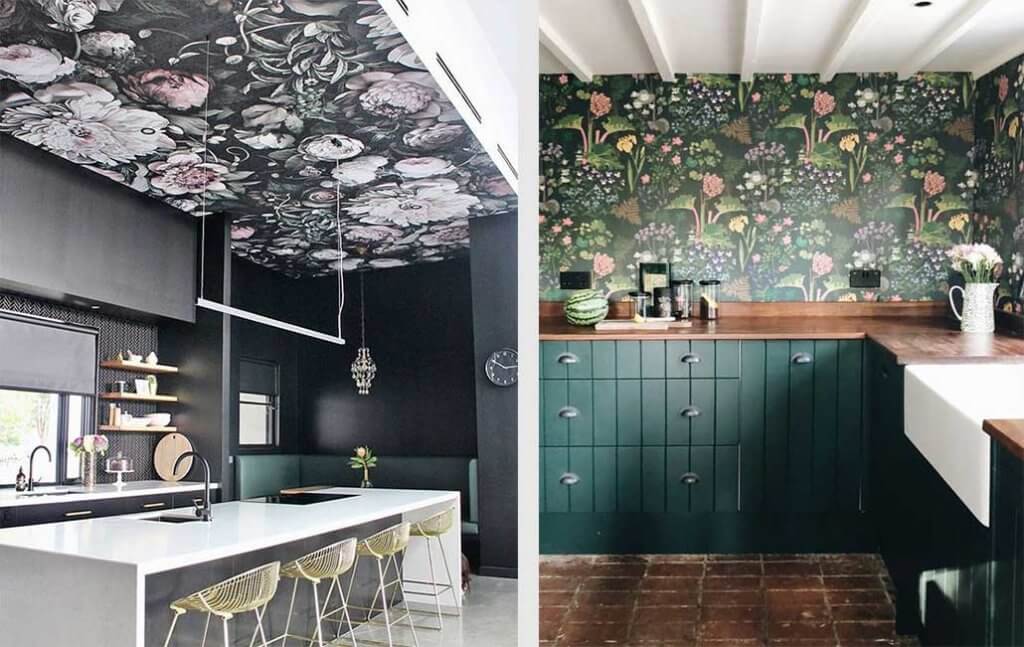 two images of kitchens with floral wallpaper
