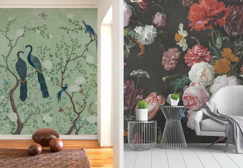 two images of nature inspired wall murals 