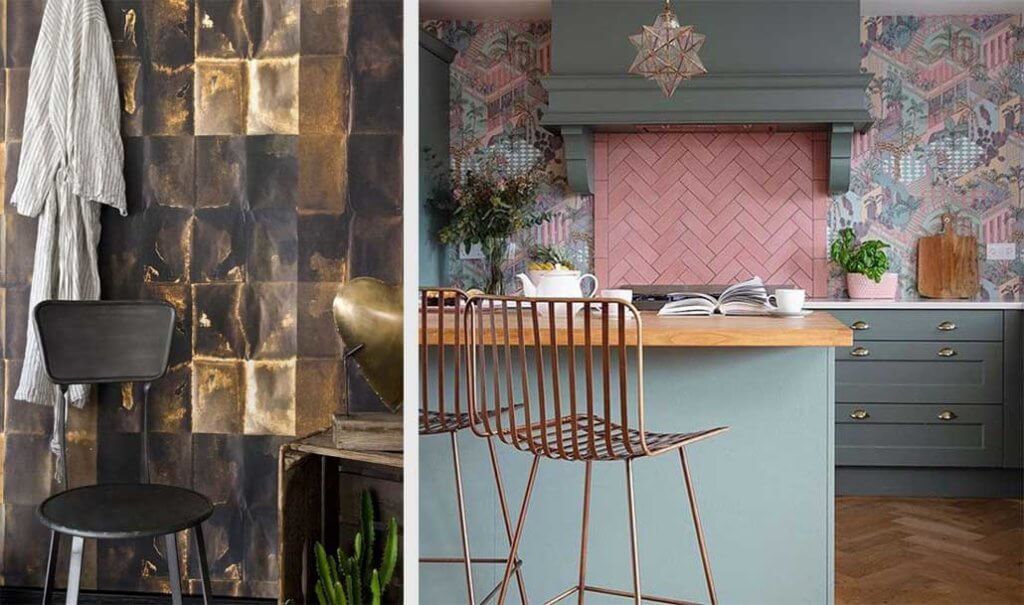 two images of modern wallpaper in the kitchen 