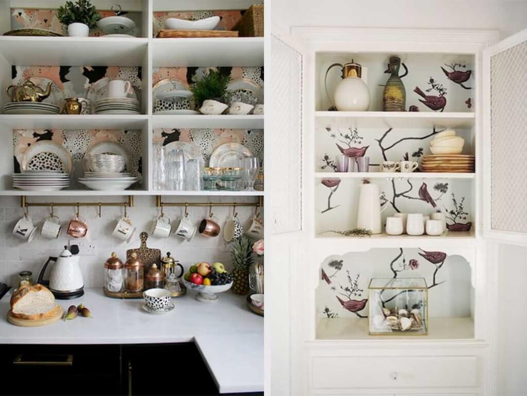 two images of wallpaper behind shelving. 