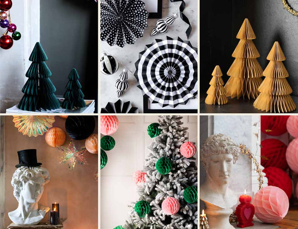 Images of paper decorations including honeycomb trees, pinwheels and honeycomb balls.