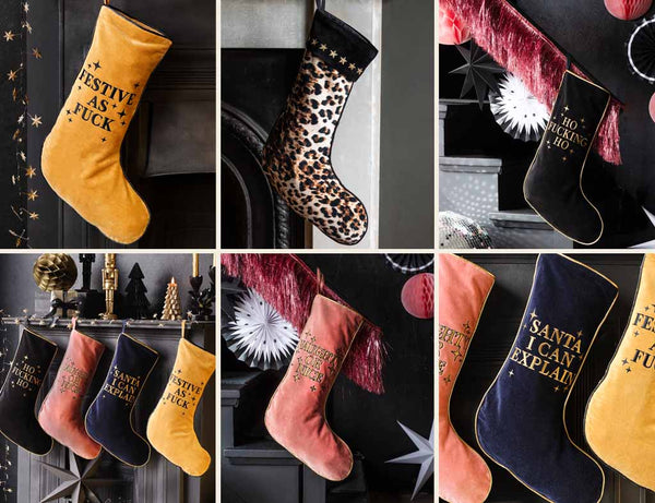 A collection of images showing velvet Christmas stockings.