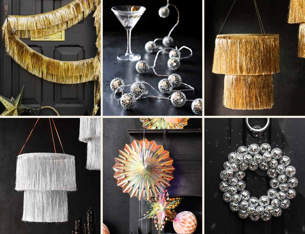 A collection of 6 images showing Christmas decorations in the disco drama theme, including a gold tinsel garland, disco ball wreath, tinsel chandeliers and iridescent fans.
