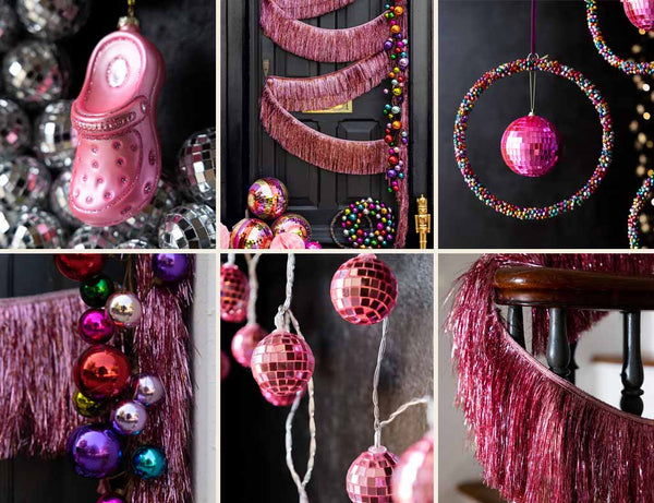 A collection of images for the Barbie Christmas trend including a croc Christmas decoration, pink tinsel garland, multicoloured garland and pink disco ball fairy lights.