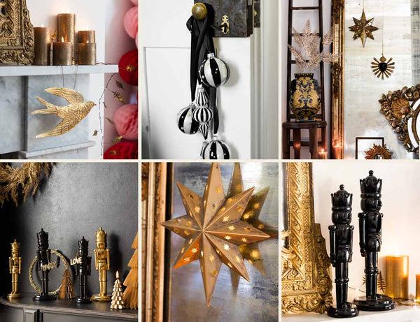 images for the trend and tradition Christmas decorations trend including nutcracker decorations, gold stars and monochrome baubles.