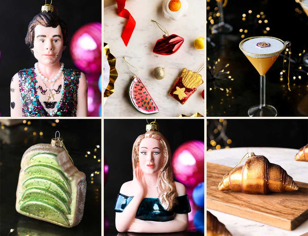 images of quirky Christmas decorations including Harry Styles and Adele baubles, and avocado on toast, croissant and passion fruit martini decorations.