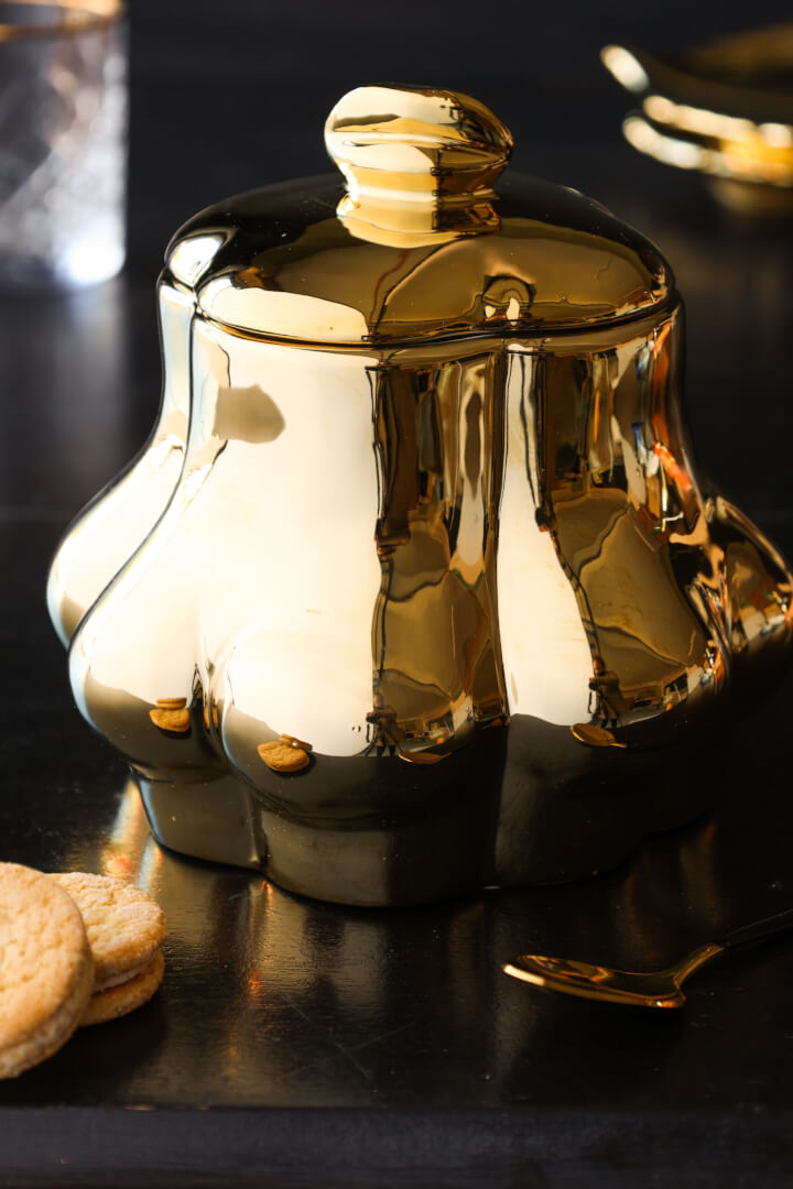 gold bum biscuit jar