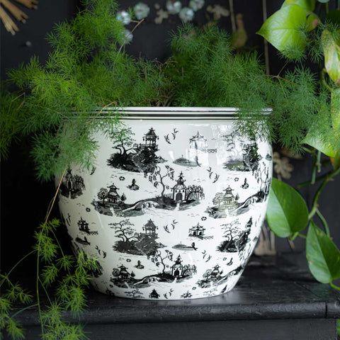 Lifestyle image of the Large Willow Toile Planter displayed on a black sideboard with a plant inside.