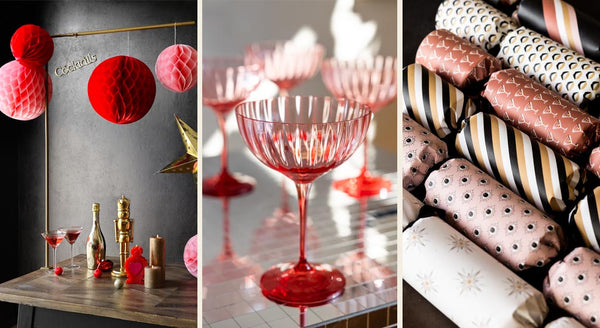 Images of pink tableware for Christmas including pink champagne glasses and crackers