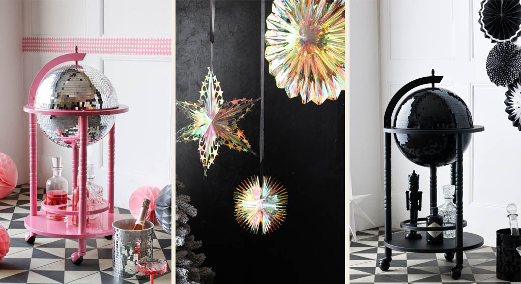 images showing disco ball drinks trolleys and iridescent hanging decorations