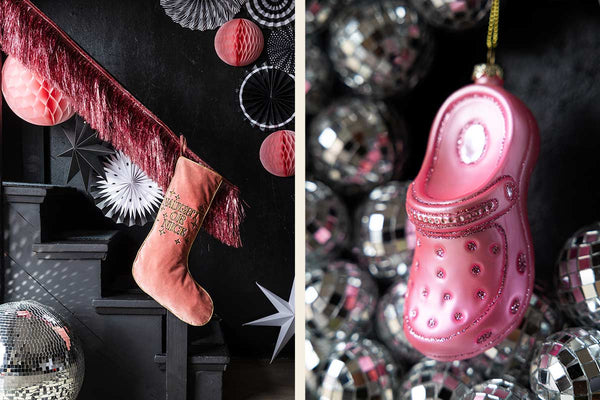 Image of a pink decorated staircase and a pink croc shoe decoration.