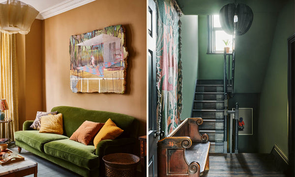 Two images, one showing a warm yellow living room with a beautiful green velvet sofa and one showing a green hallway with a wooden bench.