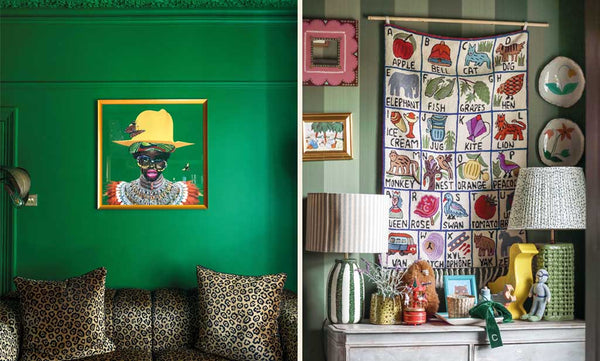 The image on the left shows an emerald green living room with a statement piece of art above a leopard sofa. The image on the right shows a colourful alphabet tapestry hung on the wall of a children's bedroom.