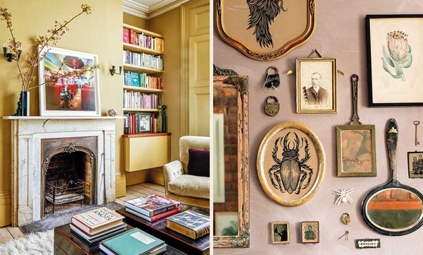 Left image shows a bright yellow sitting room with an art print on the fireplace and a bookshelf of colourful books. The right image shows a curiosity of objects used to create a gallery wall, including locks, keys, mirrors and framed prints.