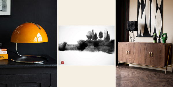 Images of three Rockett St George products including a retro orange glass table lamp, Japanese-style Ink Art Print and a Mid-Century Sideboard