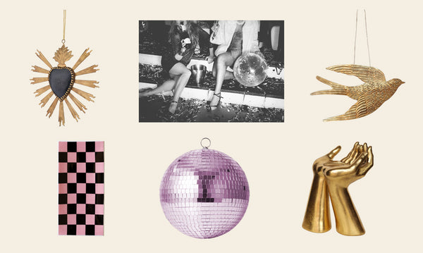 Images of Christmas gift ideas for maximalists including a sacred heart hanging decoration, disco ball art print, swallow hanging decoration, pink and black checkerboard trinket dish, pink disco ball and gold hands candle holder.
