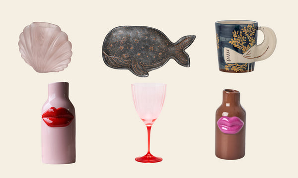 A selection of Christmas gift ideas for her including a shell vase, whale trinket tray, bird mug, lips vases and pink wine glass