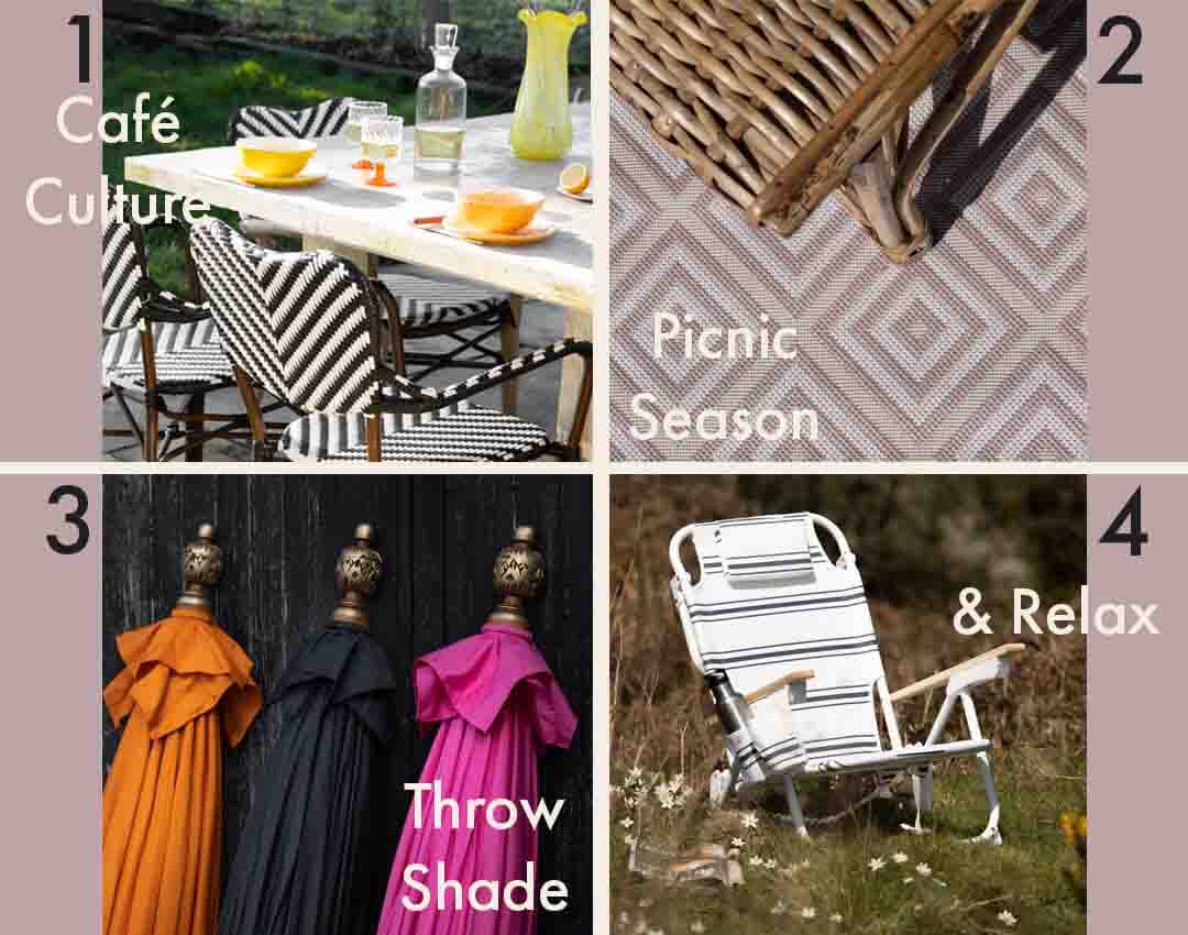 Image of garden party furniture including garden chairs, rugs, parasols and a deck chair