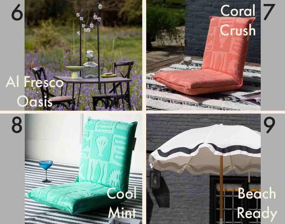 images of garden party furniture including foldable beach chairs, a festoon table clamp and monochrome parasol