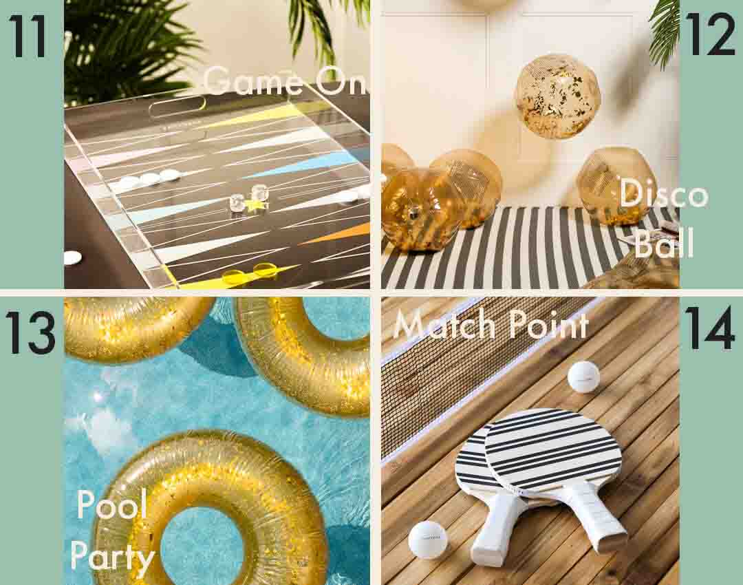 images of pool/garden party accessories including a pool bloat, beach ball and portable table tennis set