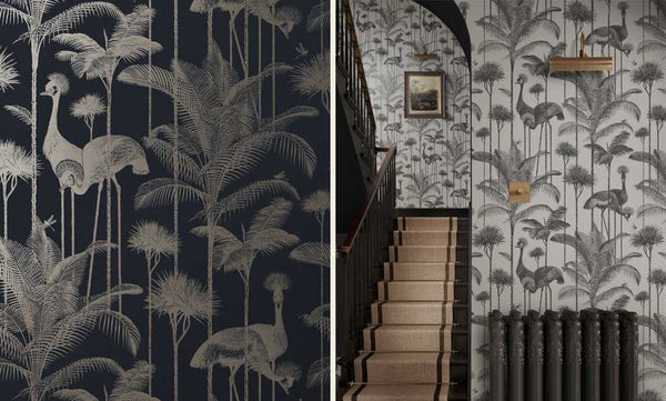 Images of the Crane Fonda wallpaper from Divine Savages in Charcoal and Black & Gold
