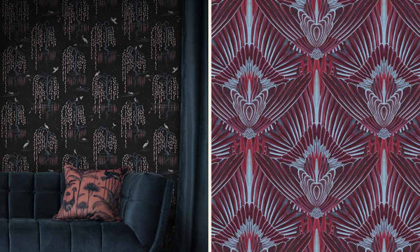 Images of Divine Savages Wallpaper including Kyoto Blossom in Black Cherry and Gershwing in Macaw