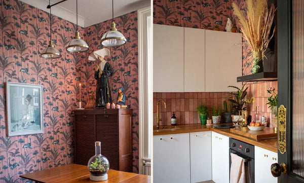 The kitchen of Tom & Jamie with a pink crane wallpaper on the walls.