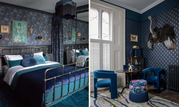 The bedroom and living room of Tom & Jamie's London home with dark Divine Savages pattern on the walls
