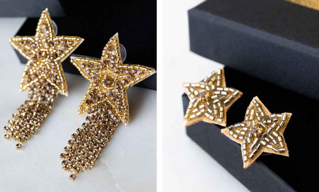 images of gold star earrings with beautiful gold beaded details