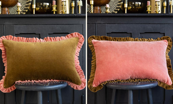 Two images showing velvet ruffle edge cushions in pink with green ruffles and green with pink ruffles.