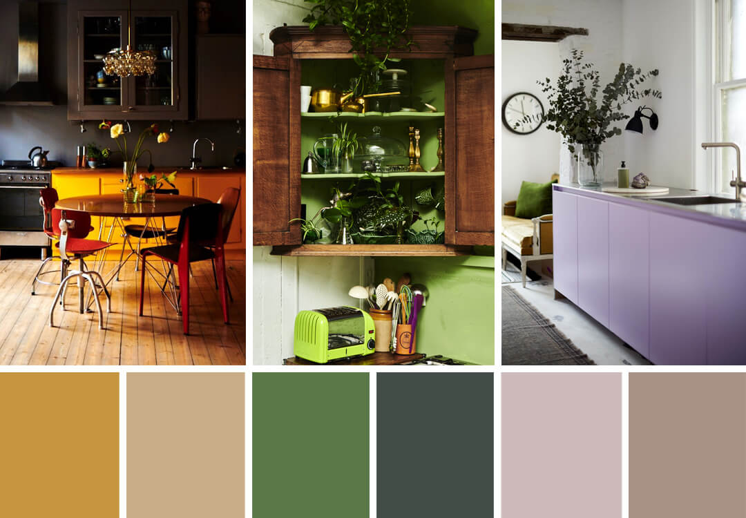 lifestyle grid of colourful kitchens and paint swatches decor ideas for traditional interiors