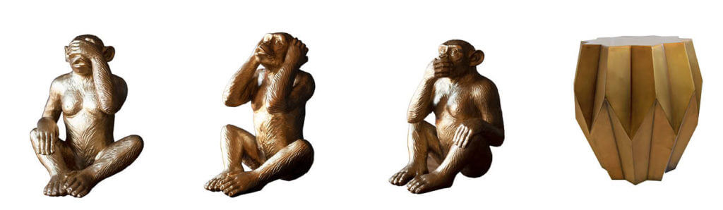 three wise monkey gold ornaments and midas gold side table
