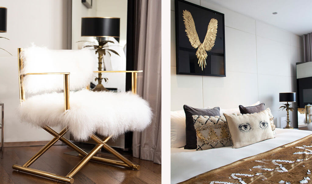 fluffy vanity chair and bedroom with large gold feather art print
