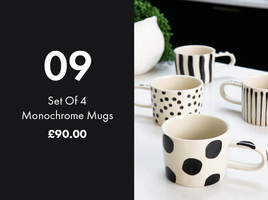 image of a set of 4 monochrome mugs in spot and stripe patterns for wedding gift ideas