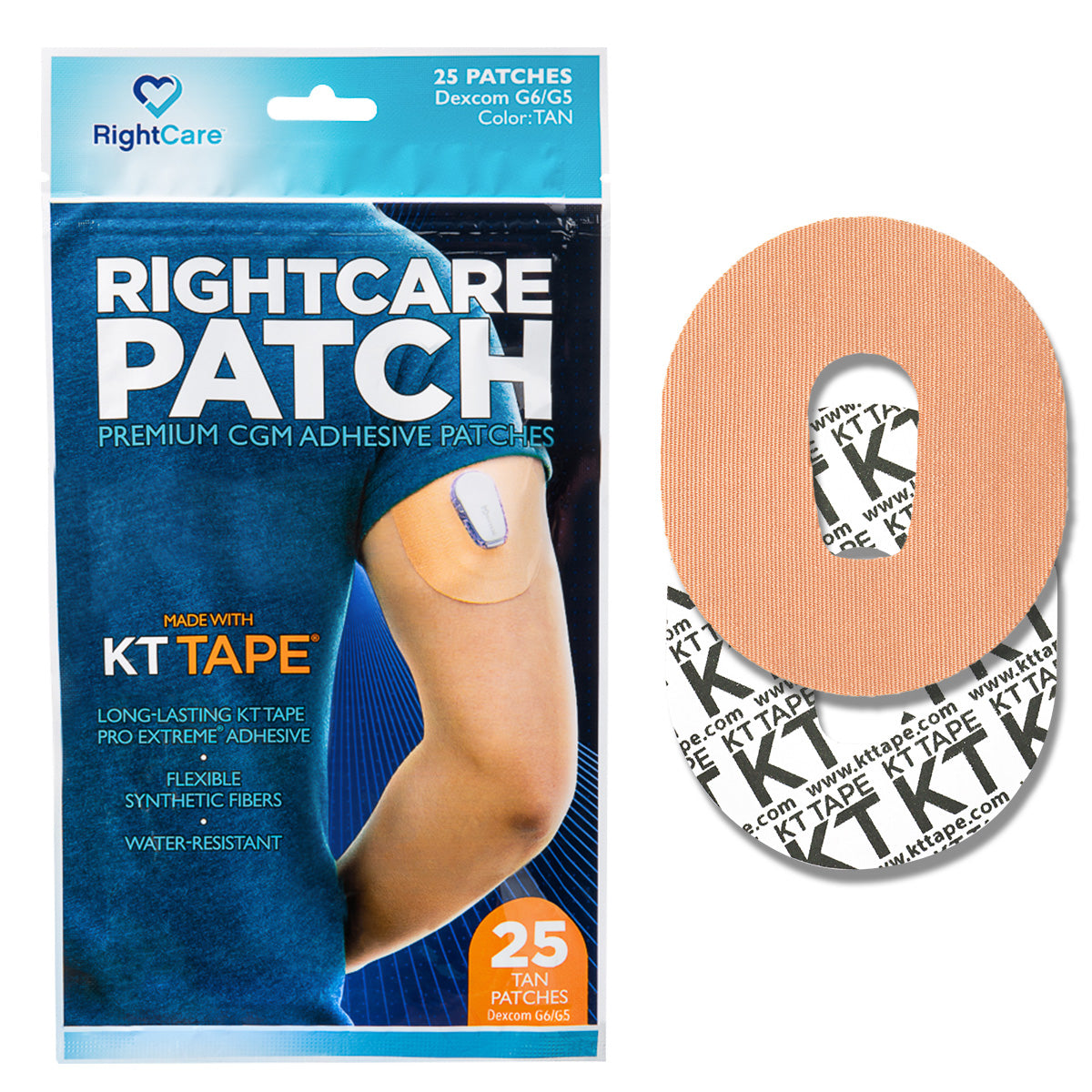 RightCare CGM Adhesive Patch made with KT Tape, Dexcom G6, Bag of 25 - RightCare Patch product image