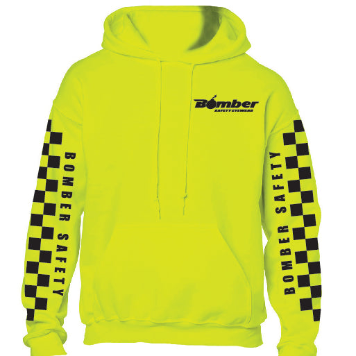 yellow hoodie with checkered sleeves