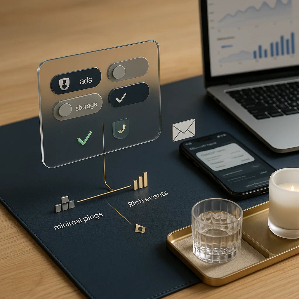 Modern office desk setup with a laptop, phone, glass of water, and candle on a dark surface.
