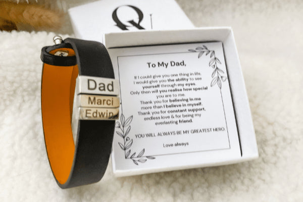 Family Pride Leather Bracelet with customized engravings, showcasing durability and stylish design.