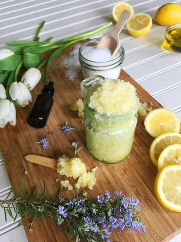 DIY salt scrub with lemon and rosemary and olive oil