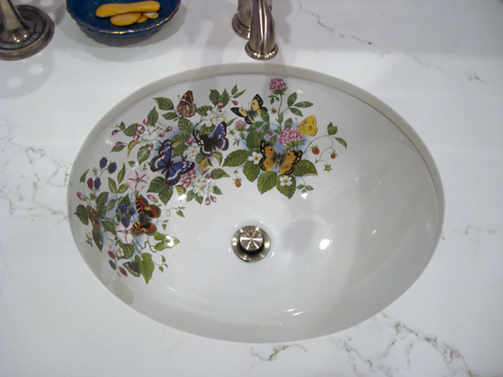 Butterflies Fruit Flowers Painted Undermount Powder Room Basin N   Bathroom Butterfly Flowers Vessel Sink 