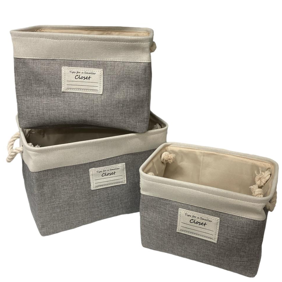 Set of 3 Large Deep Fabric Baskets with Rope Handles