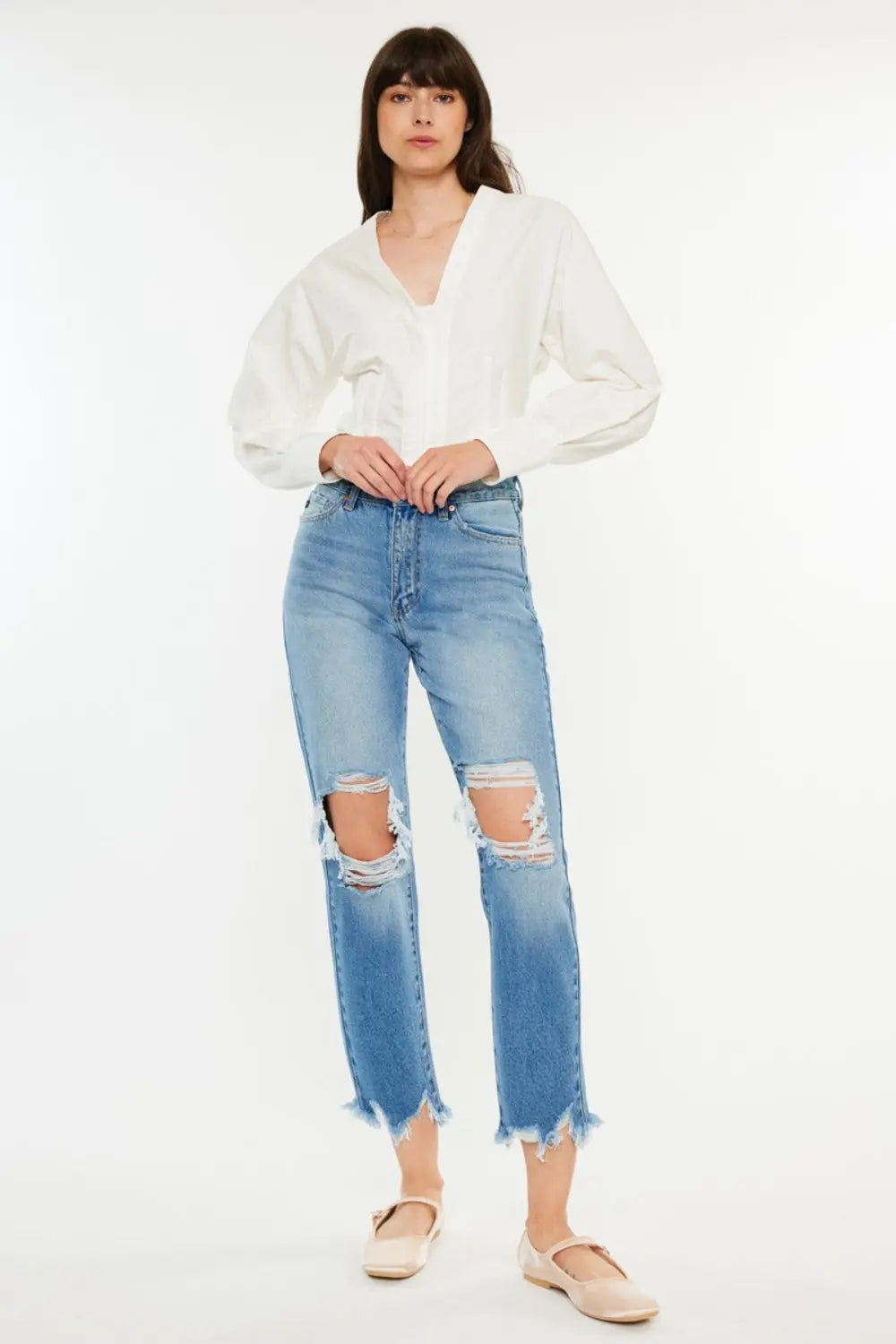 Kancan Distressed Frayed Hem Cropped Jeans Trendsi