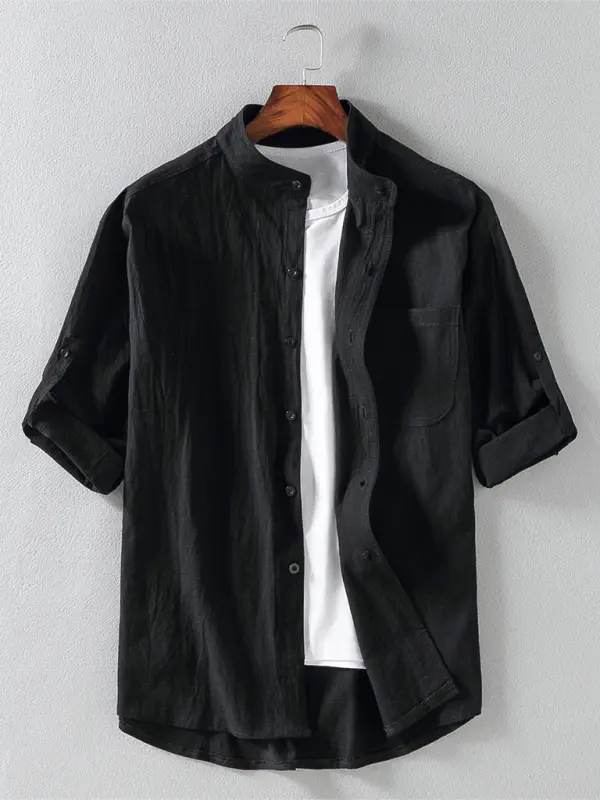 Front view of the Black Stand Collar Shirt with Short-Sleeves.